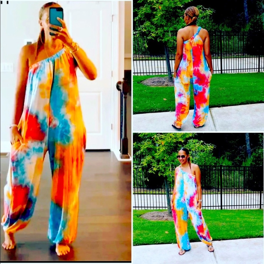 NWOT Skew Neck Tie Dye Sleeveless One Shoulder Jumpsuit 2X Fits like an XL